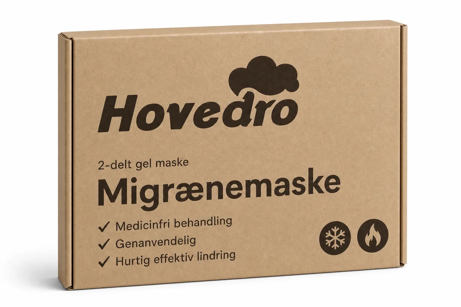 Hovedro migränmask och förpackning visad snett