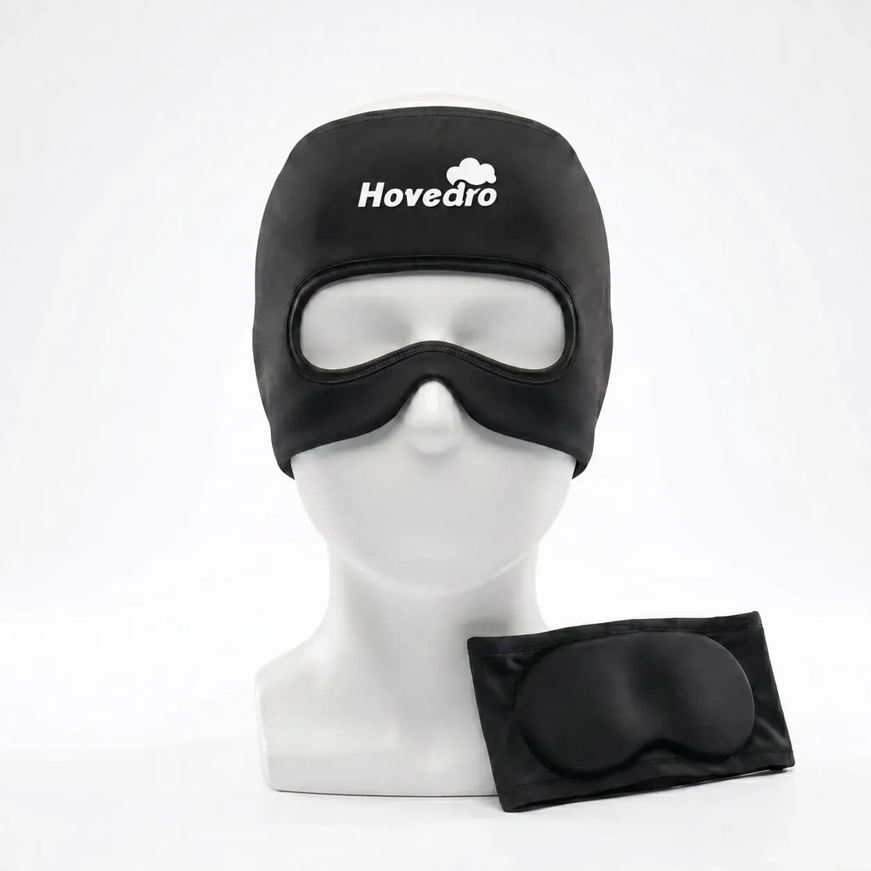 Hovedro migränmask på skyltdocka med avtagbar ögondel