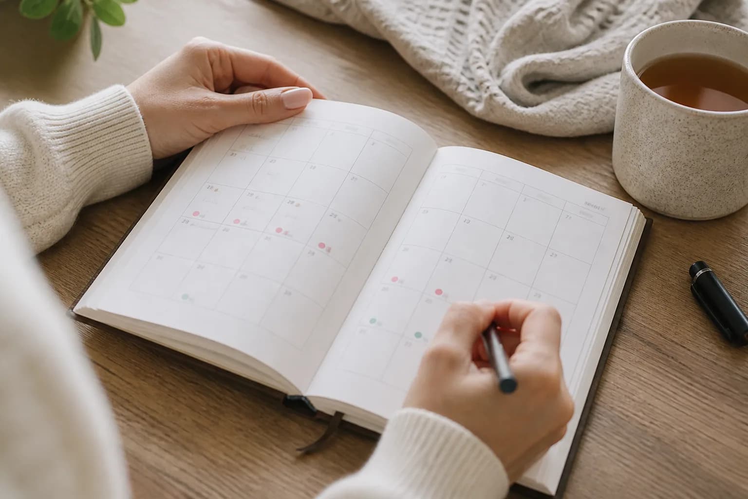 Händer som registrerar menstruation och migrändagar i en kalender