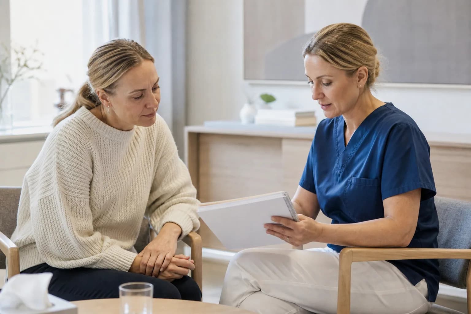 Läkare och patient går igenom en plan för kronisk migrän